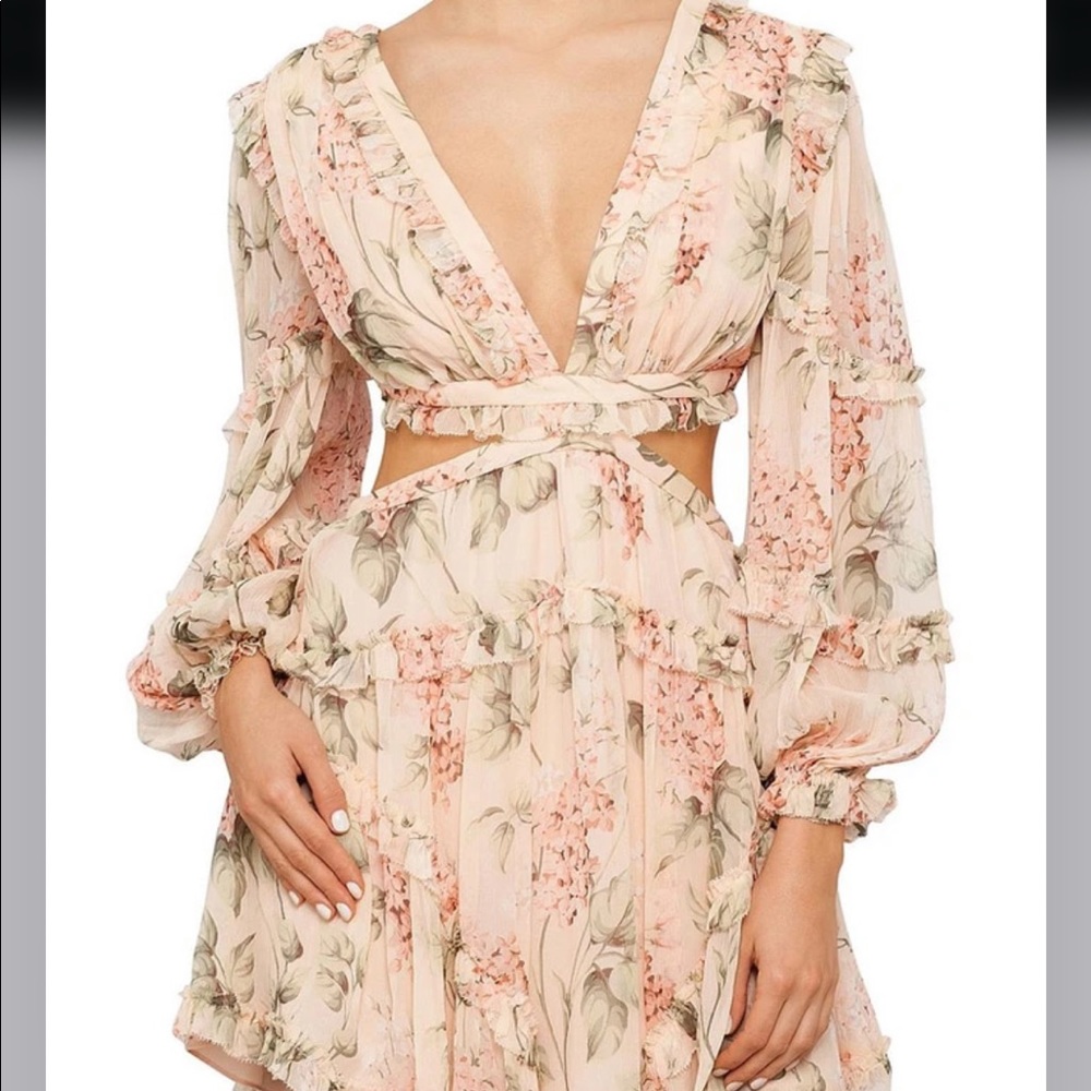 long sleeve deep V cutout chiffon floral mini.